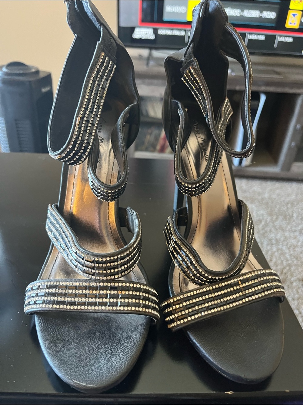 Women's Black Rhinestone Strappy High Heel Sandals